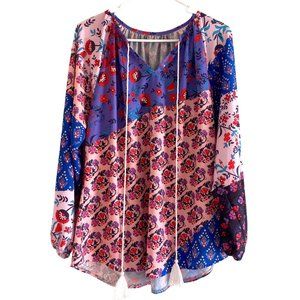 Eytino Pink Purple Floral Pattern Long-sleeved Boho Tunic Peasant Blouse L: $29